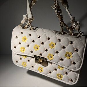 Betsey Johnson Cream Quilted Shoulder Bag Studded Yellow Flowers